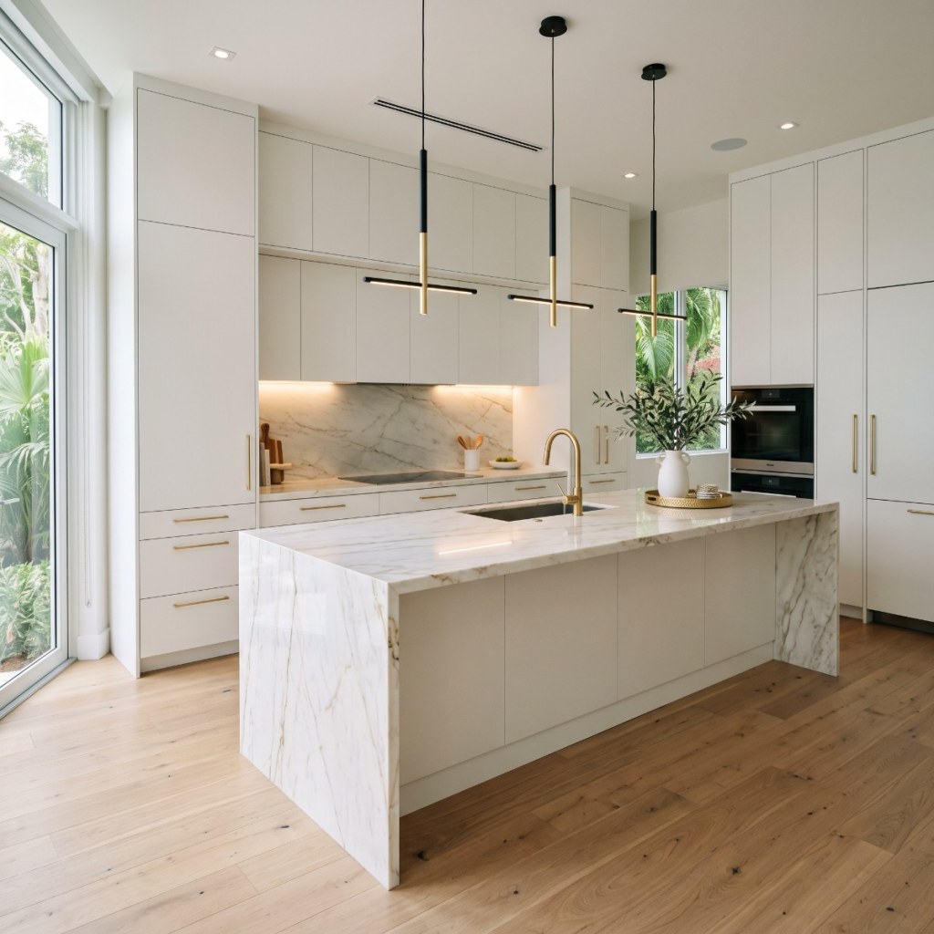 Custom white kitchen with marble island and gold details - Loyal Imperial Decor, Coral Springs FL
