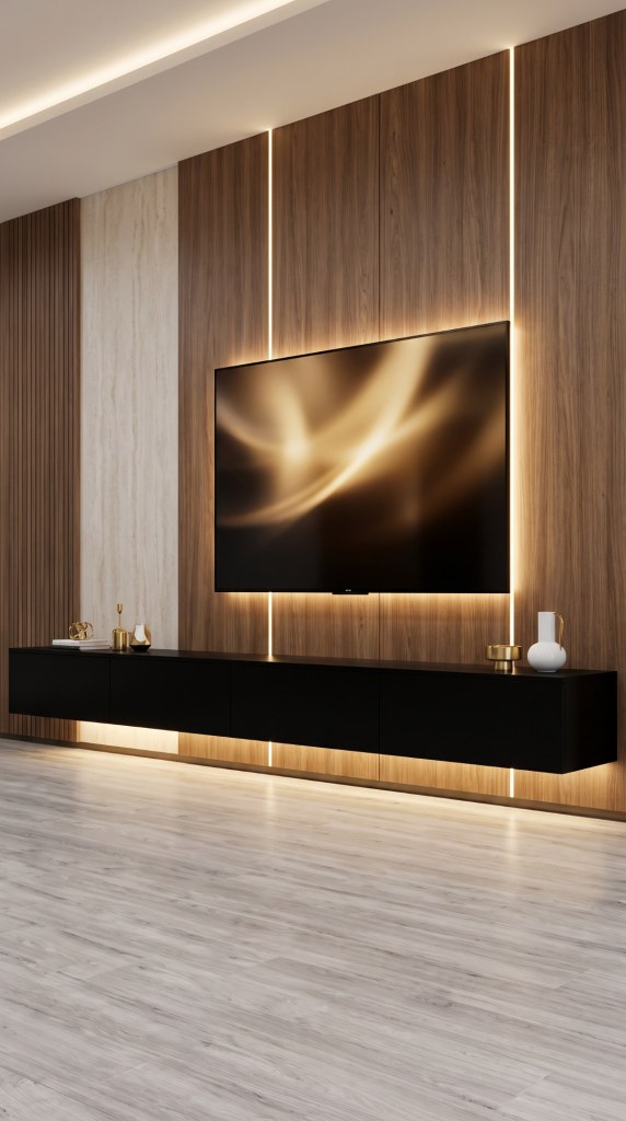 Custom TV wall unit with walnut and stone panels, floating black console and warm LED lighting - Loyal Imperial Decor, Coral Springs FL