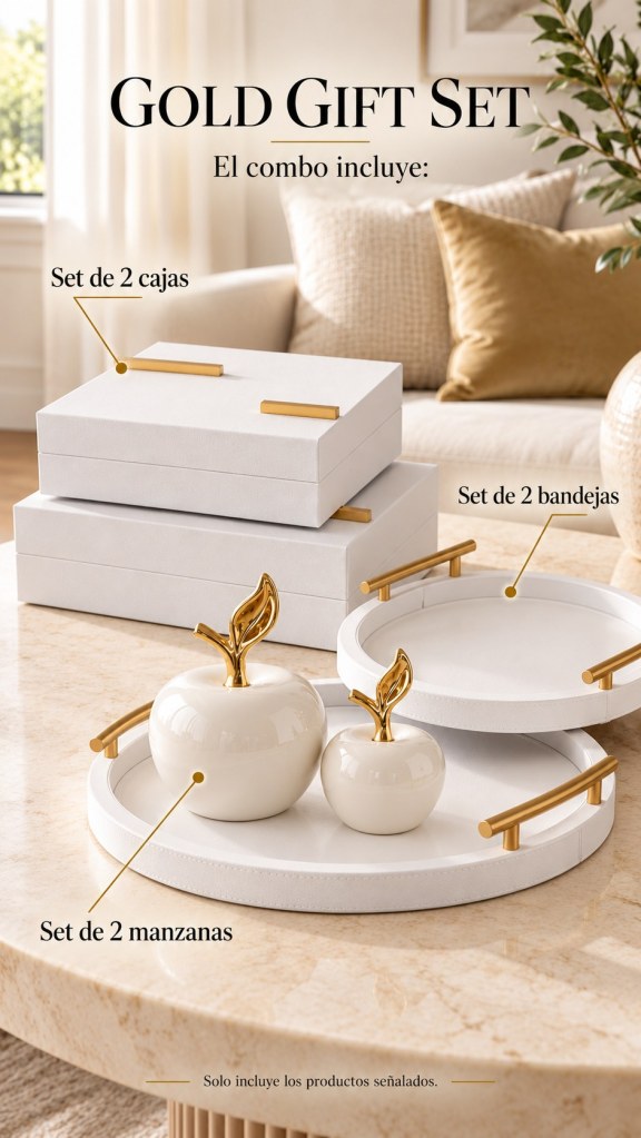 Gold Gift Set combo: 2 white decorative boxes, 2 round trays and 2 apple sculptures with gold accents