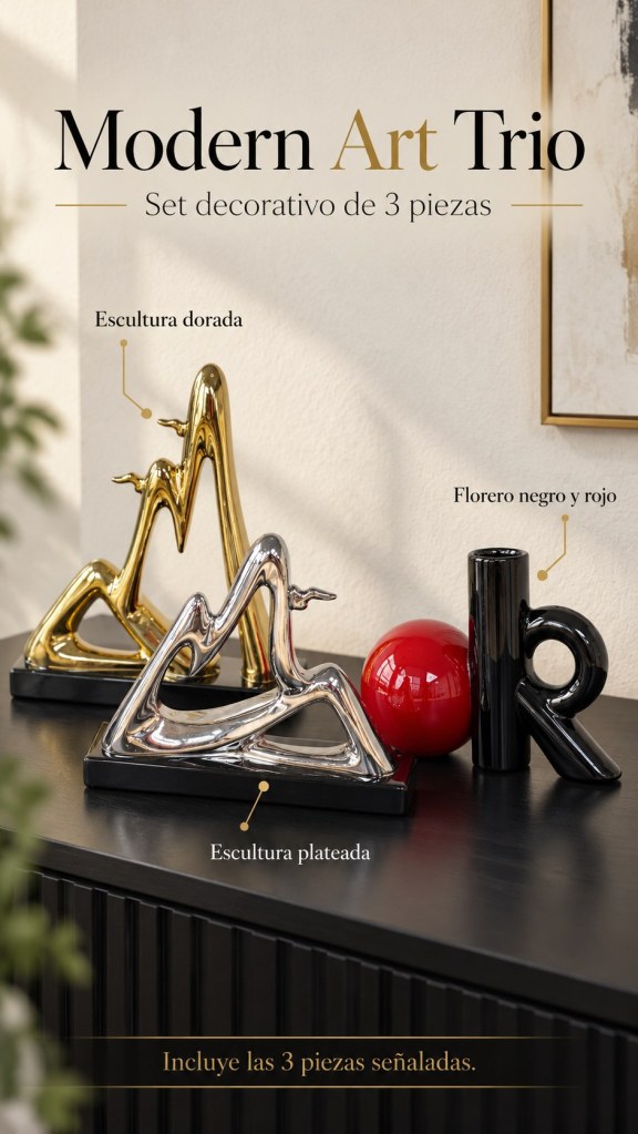 Modern Art Trio: gold and silver Ceramic Mountain sculptures and red and black OK accent