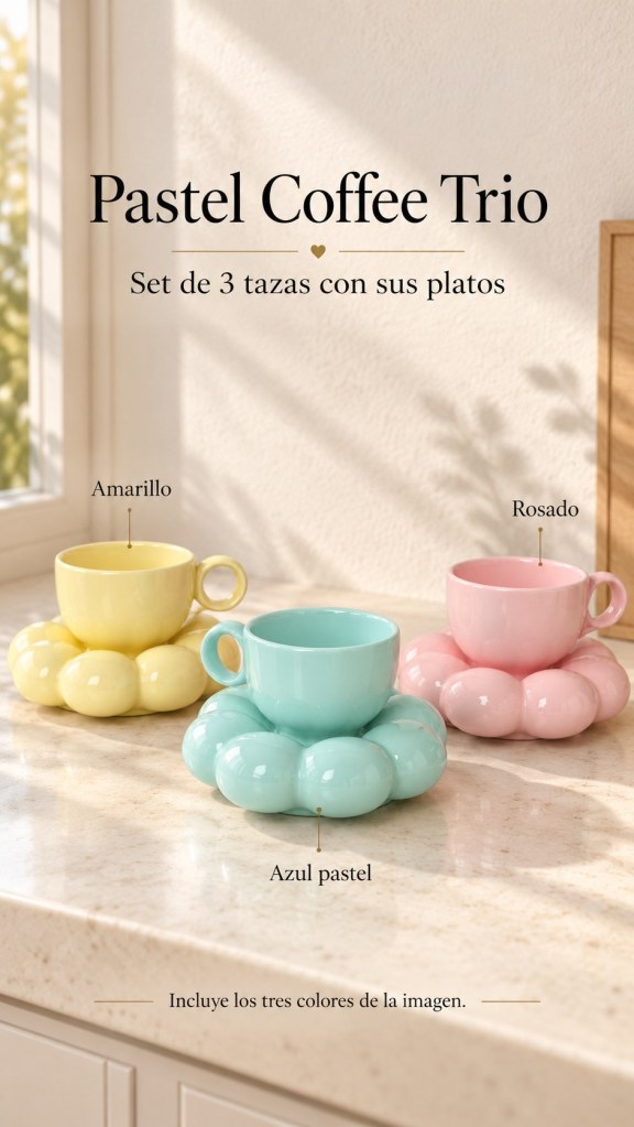 Pastel Coffee Trio: 3 flower-saucer coffee cups in yellow, pastel blue and pink